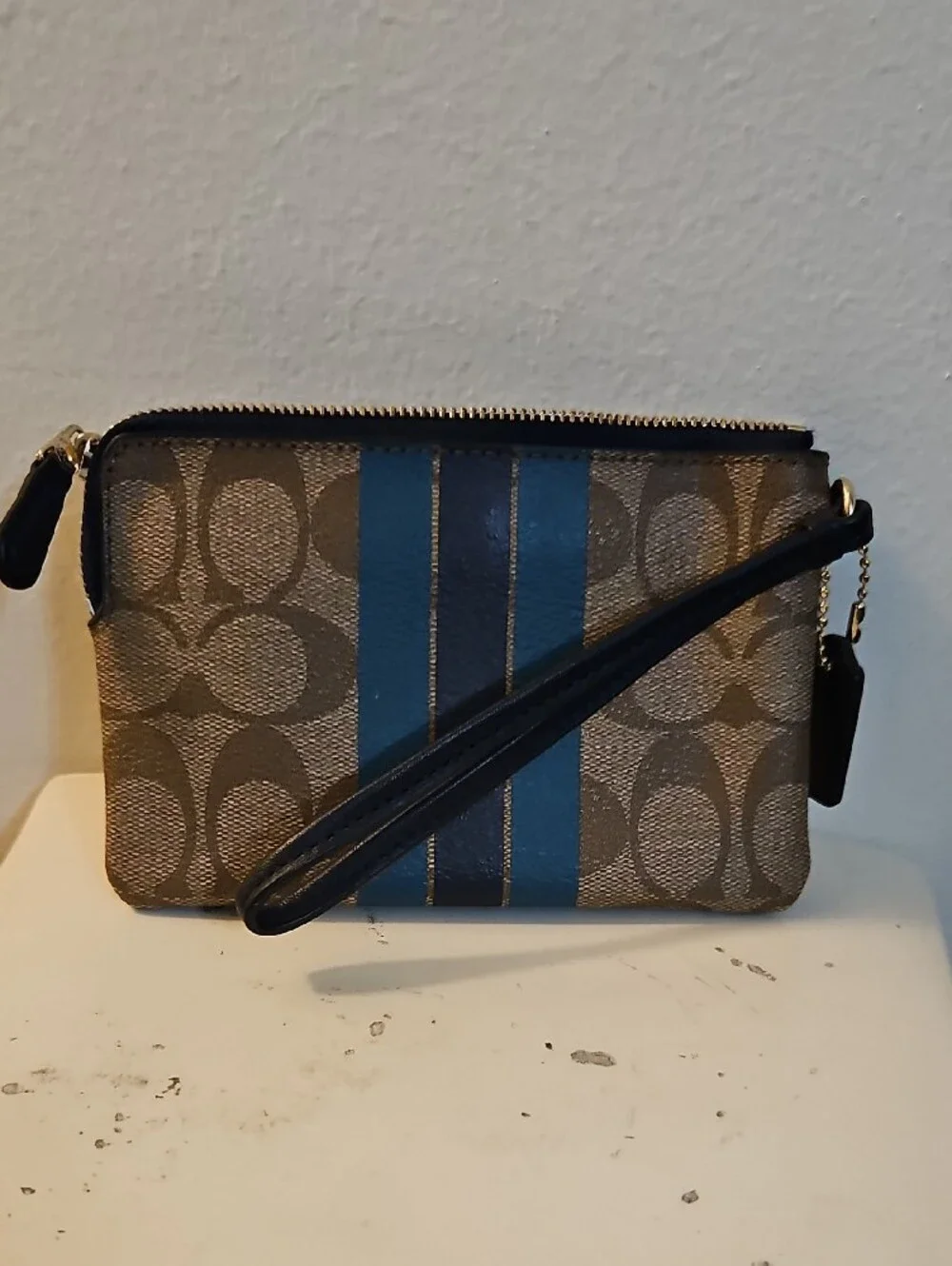 Coach Brown Signature Wristlet with Blue Stripes